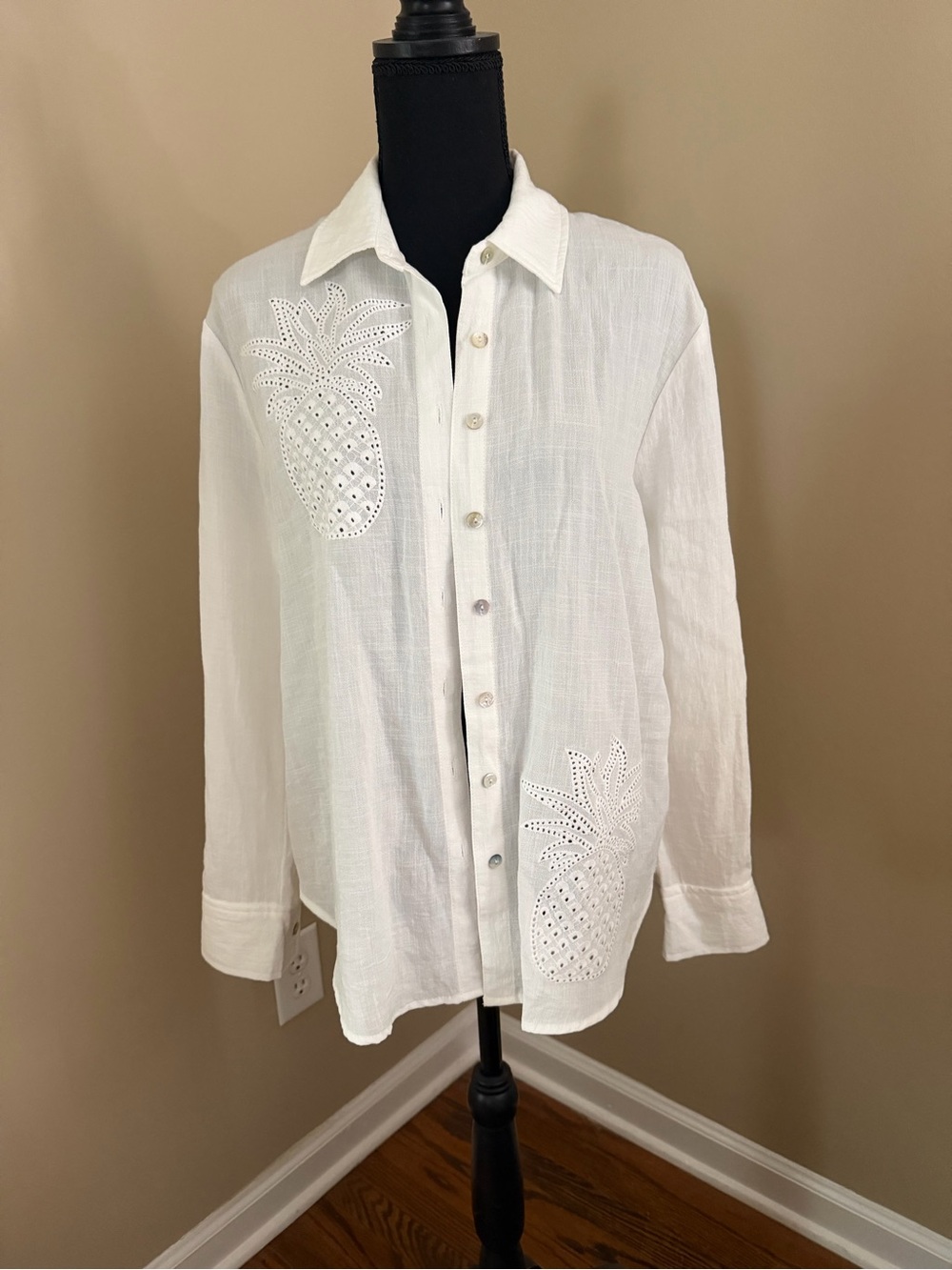 White Pineapple Eyelet Button-Down Blouse